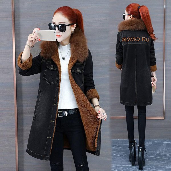 Chaqueta Vaquera Flock Gruesa Mujer OtoñO Invierno Parka Vaquera Larga Bordado De Letras Gabardina Vaquera Con Cuello De Piel XL Negro-image