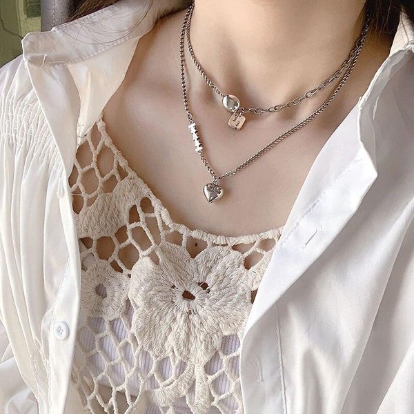 Colgante CorazóN De Amor Estrella Plata De Ley 925 Collar De Plata Tailandesa Cadena De Cuentas Redondas Collar AsiméTrico Para Mujeres S-N641 Gray-image