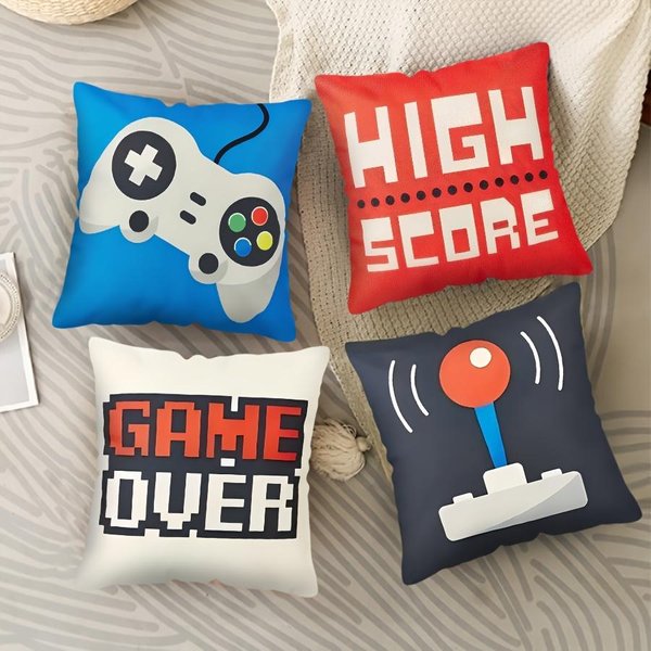 4 Piezas Tema De Videojuegos Retro ImpresióN Digital Funda De Almohada Felpa Corta Adecuado Para Salas De Estar Dormitorios SofáS CojíN Decorativo 50X50Cm-image