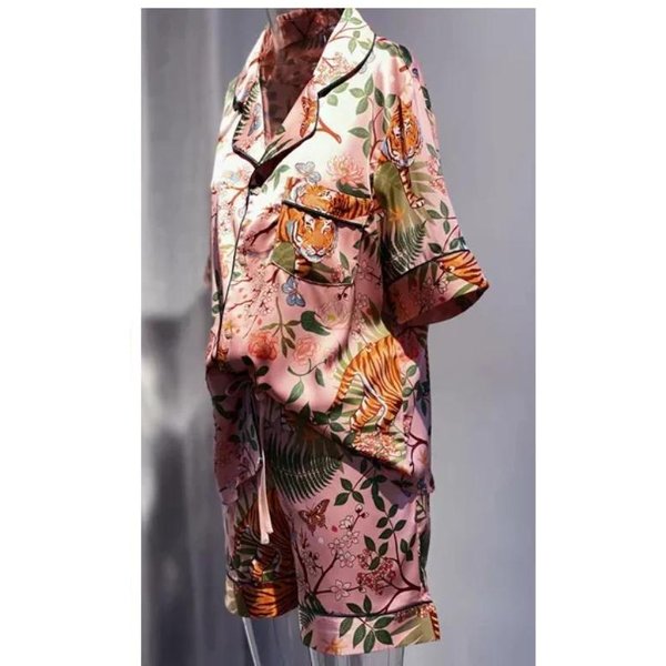 Nuevos Pijamas De Seda ImitacióN Tigre De La Selva Para Mujer Pantalones Largos Rosas Pijamas Que Las Mujeres Pueden Usar Afuera Conjunto De Dos Piezas XL Gray-image