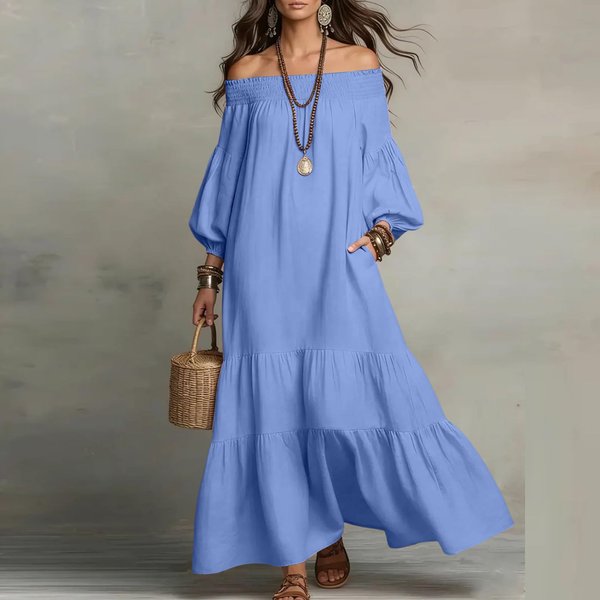 Vestido Largo De Mujer Hombros Descubiertos Manga Abullonada Corte Holgado Vestidos Con Volantes Ligero Boho Casual XXL-image
