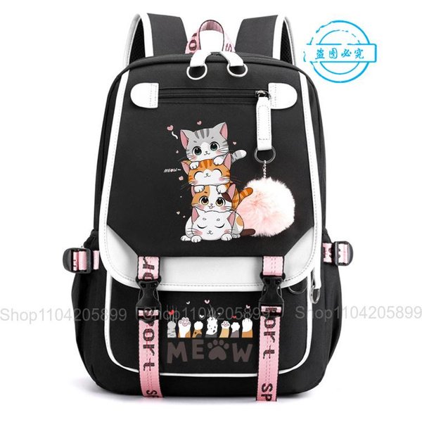 Mochila Linda De Gatos Apilados Divertida Anime Estudiante Bolso Escolar NiñOs NiñAs Mochilas Diaria Campus PortáTil Rucksack 16 Inches-image