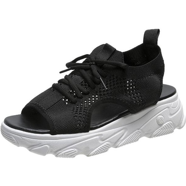 Sandalias De Verano Para Mujer Zapatos Casuales De Malla Blancos Con Suela Gruesa Con Cordones Sandalias De Punta Abierta Zapatos De Playa Para Mujer Nuevos Zapatos Mujer 36 Negro-image
