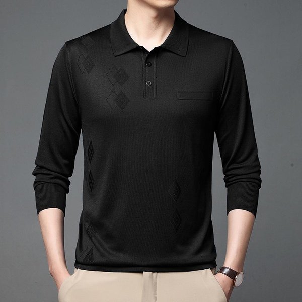 Camiseta Para Hombre Ropa De Papá Primavera Y OtoñO Nueva Camiseta De Punto Jacquard De Seda Helada Para Hombre De Mediana Edad Casual Camiseta BáSica Xxxxl Black-image