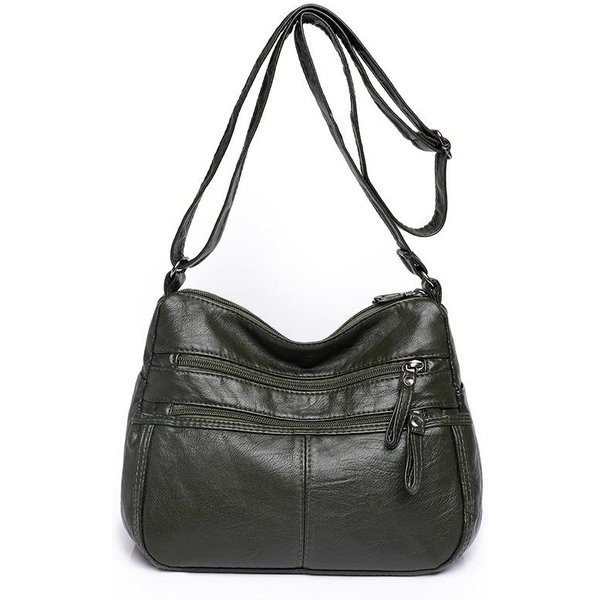 Bolso De Cuero Lavado Nuevo Para Mujer Color SóLido Cara Suave Bolso Para Madre De Mediana Edad Capacidad Grande Casual Bolso Cruzado Al Hombro Bolso De Mujer-image