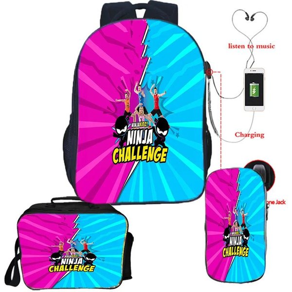 ChłOpcy Dziewczynki Plecak Ninja Kidz Szkolny USB Torba Na KsiążKi Plecak Ninja Kidz Torba Na Ramię PióRnik Zestaw 3 Sztuki Plecaki Szkolne Najlepszy Prezent Ninja Kidz Bag 3Pcs-image