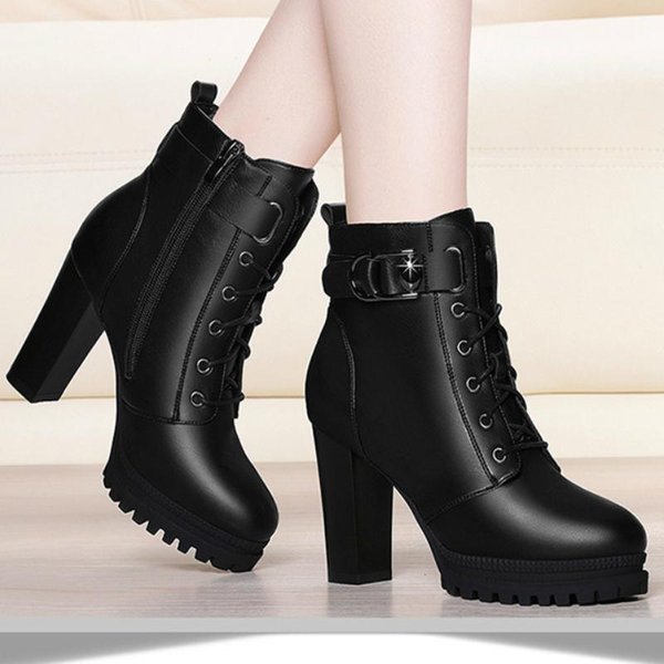 Modne Buty Damskie Zimowe Buty Damskie Jednokolorowe OkrąGłE Palce Zamek BłYskawiczny Sznurowane Klamry Wysokie Obcasy Wodoodporne Buty Damskie 40 Black-image