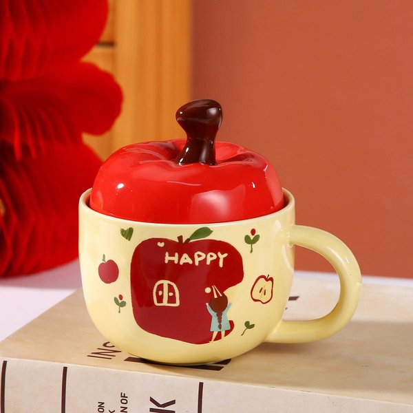 Wysoko WygląDająCy Uroczy Ceramiczny Kubek JabłKowy Dla DziewcząT PamiąTkowy Kubek Do Kawy Kubek Do Wody Personalizowany Kreatywny Kubek Z Pokrywką 360Ml Red-image