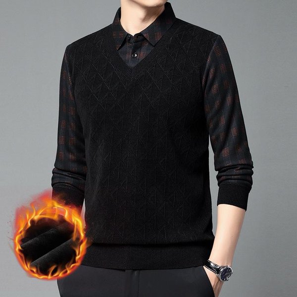 SuéTer CáLido Para Hombre De Punto Con Solapa Lana De Oveja Falso Dos Piezas Para Mediana Edad Y Mayores Con Terciopelo Espesado Rayas Casual Xxxxl Black-image