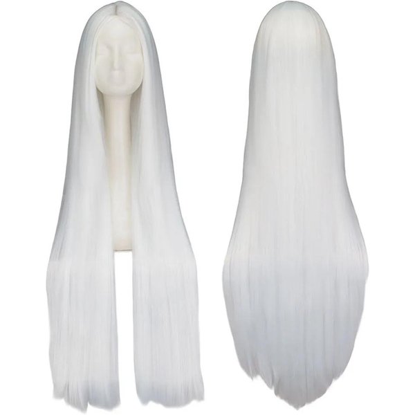 Czarna Peruka 100CM/40 CalóW DłUga Syntetyczna Peruka Odporna Na CiepłO Kostium Na Halloween Karnawał Cosplay Proste WłOsy 40Inches BiałY-image