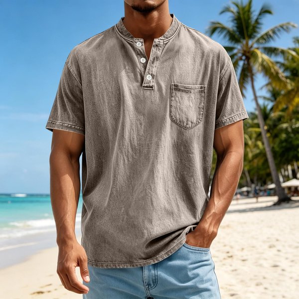 MęSka Casualowa Koszulka Henley Z KróTkim RęKawem I Kieszonką Na Piersi, LuźNy KróJ, Lekka BawełNa, Z Guzikami, Do Noszenia Na Co Dzień M Gray-image