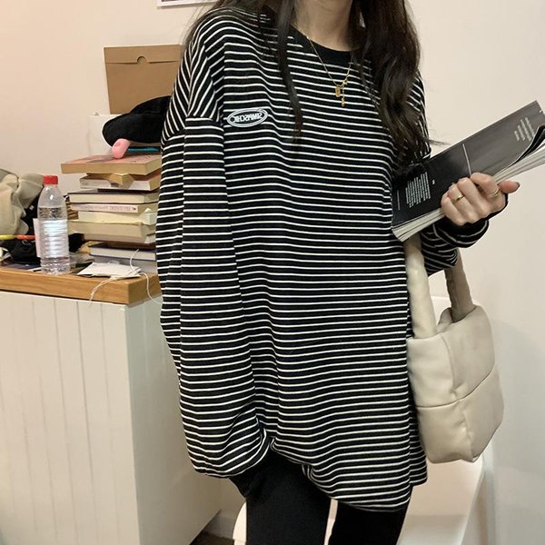 Nowy T-Shirt W Paski Dla Kobiet Na Wiosnę I Jesień, Cienki, W Stylu Leniwym, Wszechstronny Top Z DłUgim RęKawem O LuźNym Kroju, Modny W Stylu KoreańSkim One Size Gray-image