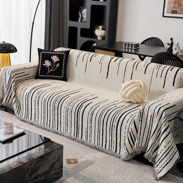 Funda De Tela Para Sofá De Lujo Ligero Rayas Blancas Y Negras Cubierta Completa Para Todas Las Estaciones Toalla De Sofá De Chenilla Funda De Sofá Manta De Sofá 180*130Cm-image
