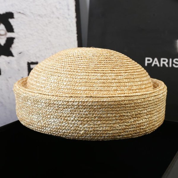Sombrero De Paja 100% Natural Estilo Pillbox Fedoras Mujer Lujo Tejido A Mano Sombrero De Sol Forma CóNcava Corona Plana Sombrero De Playa Berets Para Iglesia Derby 56-58Cm-image