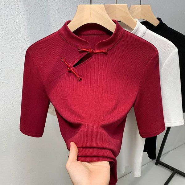 Camiseta De Cuello Mao Manga Media Estilo Chino Para Mujer Nueva Camiseta De Punto De Color SóLido Para Mujer Top Retro Con Botones 2XL-image