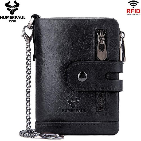 Humerpaul Cartera De Cuero Genuino Con Bloqueo Rfid Para Hombre, Monedero, Tarjetero, Cadena, Billetera Plegable Delgada Negro-image