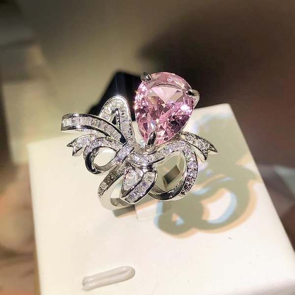 Anillo De Plata De Lujo Con Forma De Gota De Agua Y Lazo Completo De Circonita Rosa Para Mujer, JoyeríA Para Fiesta, Compromiso, Regalo Resizable-image