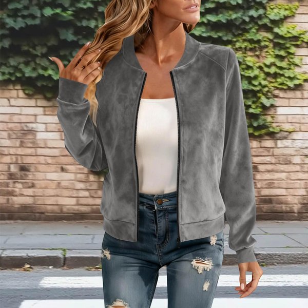 Damska Moda Jednolity Kolor OkrąGłY Dekolt DłUgi RęKaw Zamek BłYskawiczny Zamsz KróTka Kurtka Styl Bomber Okrycie Wierzchnie Codzienny Lekki M Gray-image