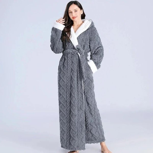 Bata De BañO Larga Y Holgada Con Capucha Para Mujer, Bata De BañO Gruesa De Invierno, De Franela De Felpa, CáLida Y CóModa, Para Dormir L Gris-image