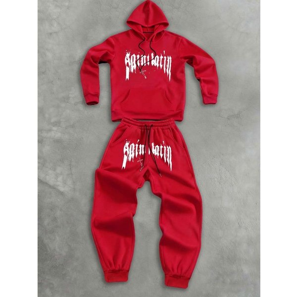 Conjunto Informal De Sudadera Con Capucha Y Pantalones Deportivos Para Hombre De Moda Con Estampado De Letras Y Bolsillo Con CordóN Conjunto De Dos Piezas Para Exteriores Informal Deportivo Xxxl Rojo-image