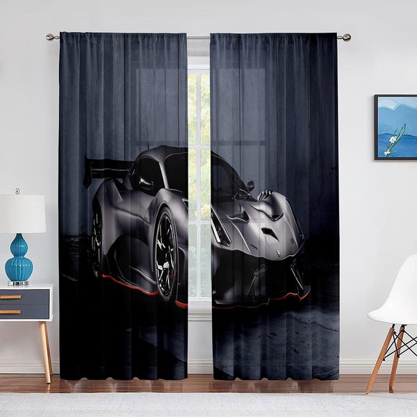Cortinas Modernas Para Ventana Con Estampado De PelíCula De Coche Deportivo Negro Genial Para Sala De Estar, Dormitorio, Cocina 2 Piezas DecoracióN (W50H130Cm)-2Pcs&Hook-image
