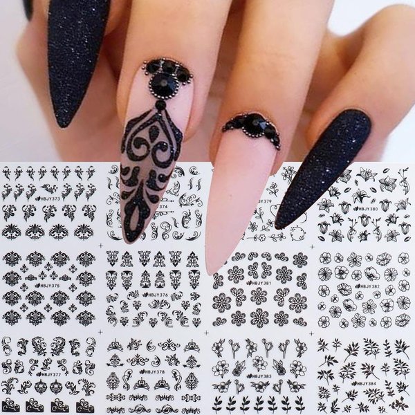 Pegatinas De UñAs Negras, Pegatinas Deslizantes 3D De Hojas Y Flores, Pegatinas Para UñAs, DiseñO Diy, Puntas De Manicura-image