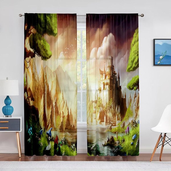 Cortina De Gasa Transparente Para Sala De Estar, DecoracióN De Dormitorio, Cocina, Ventana, Tul, Bosque De FantasíA, Hada, Reino éLfico, Elfo, áRbol, Casa 1 PCS W100Xh250Cm&Grommet Top-image