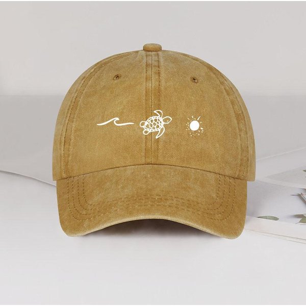 Gorra De BéIsbol Lavada Retro Con Estampado De Ola, Tortuga Y Sol – Gorra De Papá Ajustable Unisex – Sombrero De Sol De Playa De Verano White-image