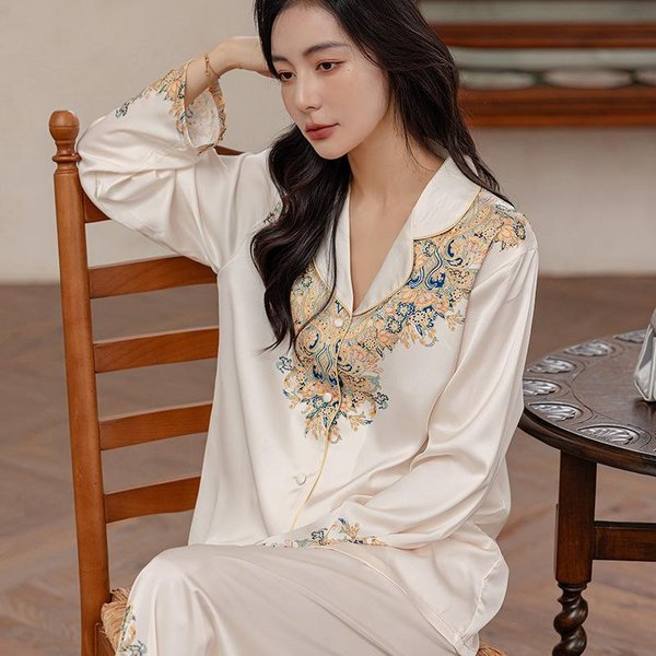 Pijama De Manga Larga Estampado Primavera OtoñO Camisas Pantalones Ropa De Casa SatéN LenceríA ÍNtima Ropa De Dormir Sexy Para Mujer Cuello Solapa Ropa De Dormir 2XL Blanco-image