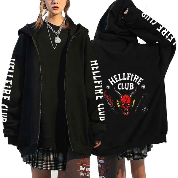 LuźNa Bluza Z Kapturem I Zamkiem BłYskawicznym Z Nadrukiem Stranger Things M Black-image
