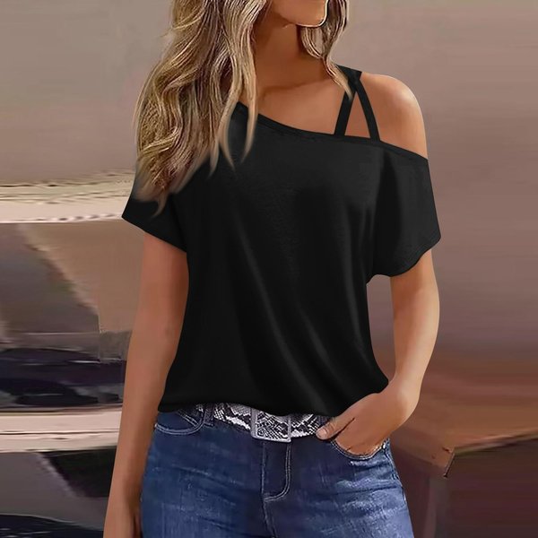 Camiseta De Manga Corta Con Hombros Descubiertos Y Estampado Informal A La Moda Para Mujer S-image
