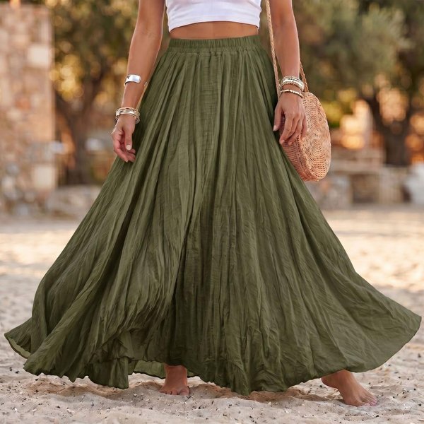 Falda Larga Suelta Plisada Para Mujer Cintura EláStica Mezcla De AlgodóN Y Lino Maxi Falda Dobladillo Acampanado Falda Casual Estilo Boho Para Uso Diario S Verde Del EjéRcito-image
