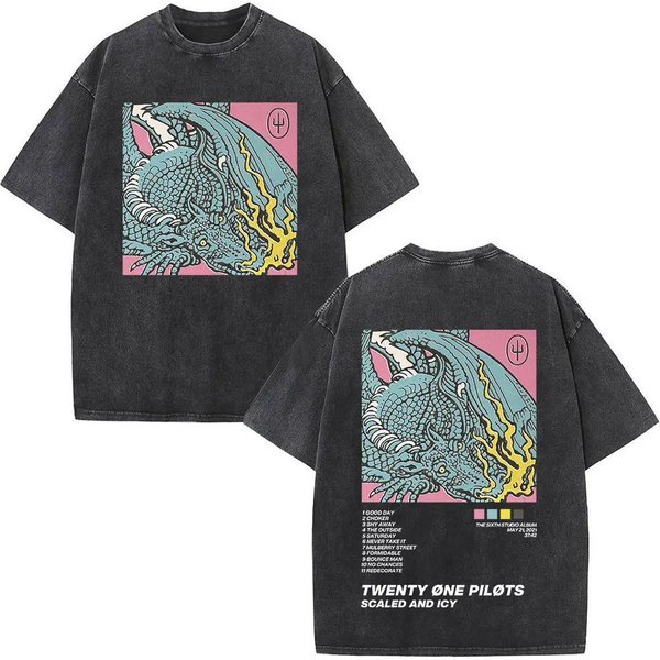 Rockowy T-shirt Twenty One Pilots Z Efektem Vintage, Prał, MęSki Damski Modny Hip Hopowy Oversizowy T-shirt BawełNiany Casualowy T-shirt 3XL Gray-image