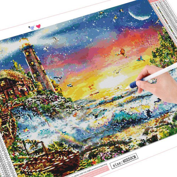 Bordado De Diamantes 5D Faro Pintura De Diamantes Completa Redonda Paisaje Mosaico 20X30CM-image