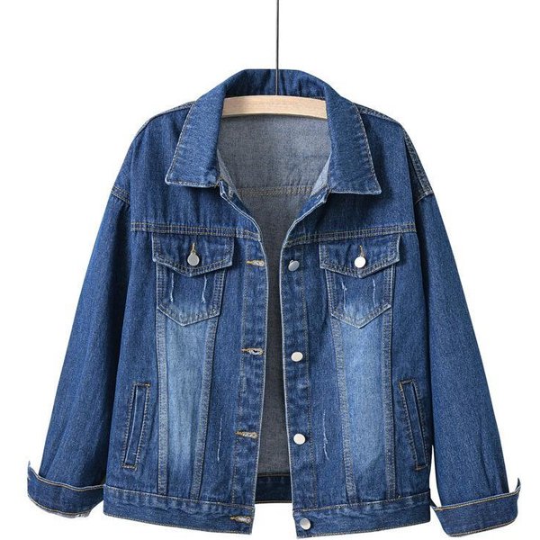 Chaqueta Vaquera Para Mujer Corta Coreana Holgada De Manga Larga Top De Estudiante Chaqueta Vaquera Grande Para Mujer Estilo Corto 4XL Azul Oscuro-image