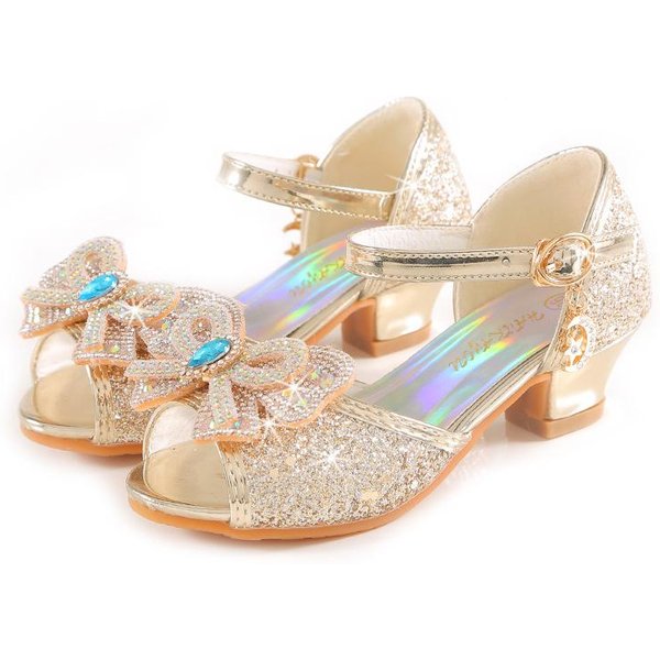 Sandalias De Verano Para NiñAs Con TacóN Moda PedreríA Zapatos Brillantes Con Purpurina NiñOs Princesa Lazo Perla Zapatos De Baile 32 Beige-image