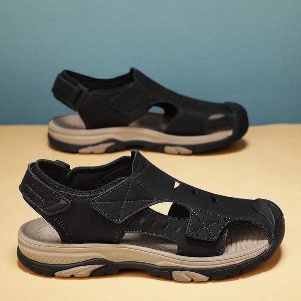 Nuevas Sandalias De Verano Transpirables Moda Zapatos De Hombre Cuero Genuino Sandalias Huecas Para Exterior Hombre Antideslizantes Sandalias De Playa Planas Calzado 42 Beige-image