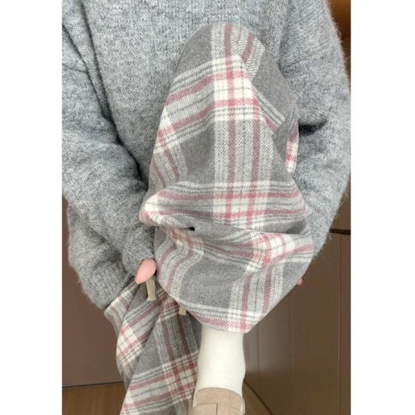 Pantalones De Cuadros Grises Para Mujer En OtoñO E Invierno Nuevos De Cintura Alta CaíDa Retro Casual Rectos Perezosos De Pierna Ancha 2XL Color Rosa-image