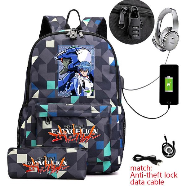 Mochila Antirrobo Estudiante Con Estampado De Anime Evangelion Mochila Casual Para El DíA A DíA Con Estuche Para LáPices Para NiñOs NiñAs Bolso Escolar-image