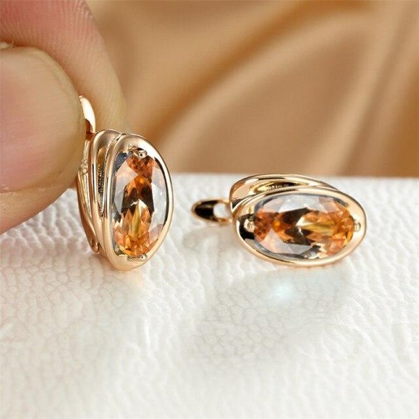 Pendientes De Moda Simple Con Piedra Ovalada ArcoíRis Pendientes De Boda Lindos Color Oro Para Mujer Pendientes De Aro De Cristal De Lujo Para Mujer Brown-image