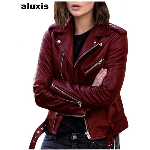 Chaqueta Abrigo De Cuero Oversize Para Mujer Primavera/OtoñO Ajuste Motociclista Chaqueta De Invierno Ajustada Ropa De Abrigo De Cuero PU Para Mujer XL BorgoñA-image