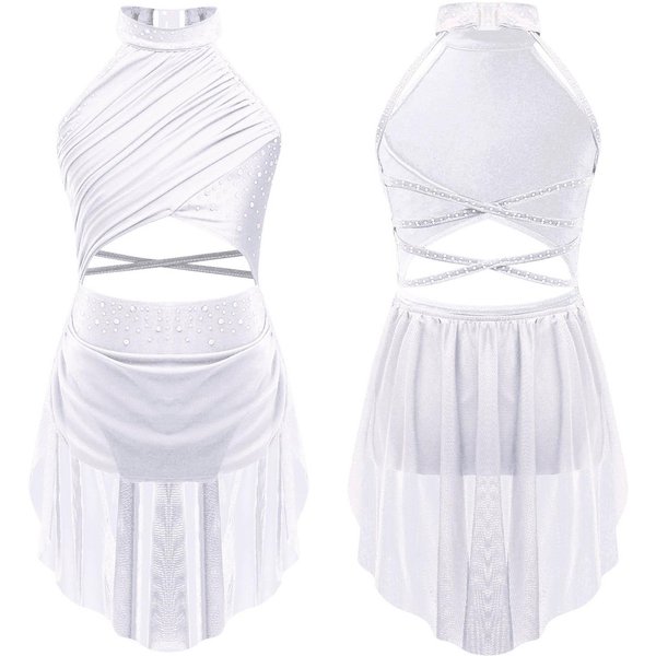 DziecięCe DziewczęCe Liryczne WystęPy Taneczne Kostium łYżWiarstwo Figurowe Balet Gimnastyka Trykot Sukienka Bez RęKawóW Rhinestone Dancewear 11-12 Years BiałY-image