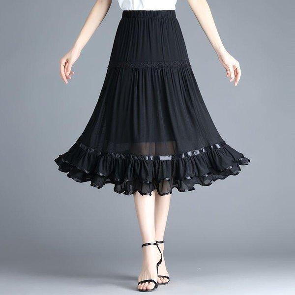 Nueva Falda Midi Larga Cintura Alta Vuelo Amplio Falda Plisada Vestido De Baile Amplio Vuelo Falda De Malla 3XL Negro-image