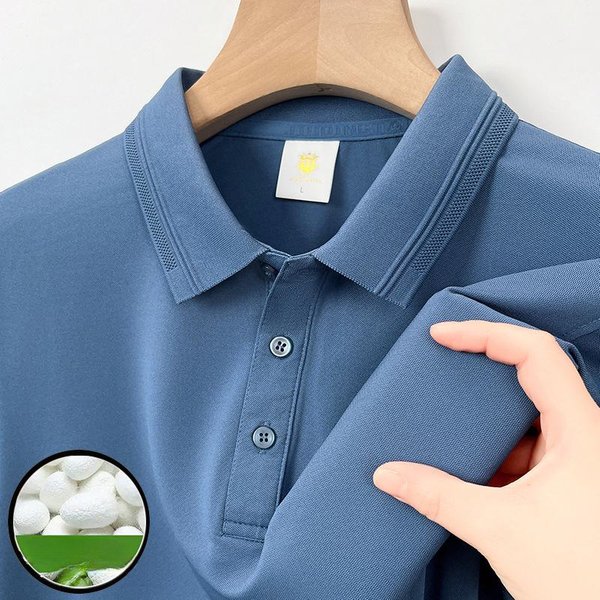 Polo De Manga Corta Sin Costuras De Seda De Hielo 7A Para Hombre Verano Color SóLido Seda De Morera Fibra De Bambú Camiseta Xxxxl Blue-image