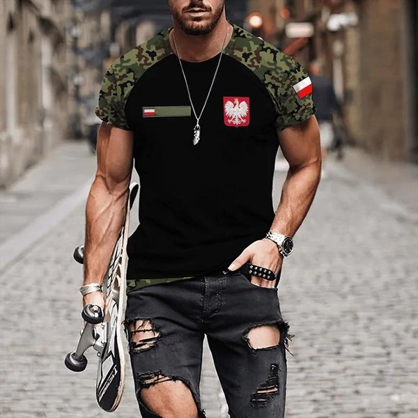 Graficzna Koszulka Z PełNym Nadrukiem 3D Z Flagą Polski Odzież MęSka Letnia Koszulka Z KróTkim RęKawem Casual Oversize Tees Modne Topy S Black-image