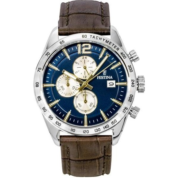 Festina Chronograf SkóRzany Pasek Niebieska Tarcza Kwarcowy F16760-7 Zegarek MęSki Niebieski-image