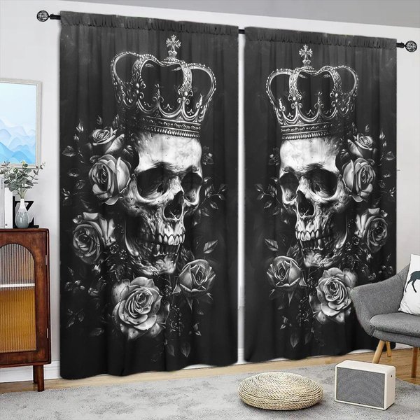 2 Szt. Gotycka Czarna RóżA Czaszka Drukowana ZasłOna Do Dekoracji Domu - Kieszeń Na Karnisz ObróBka Okna Do Sypialni, Biura, Kuchni 75Cmx165Cm X 2Pcs-image