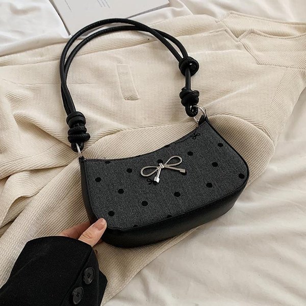 Popularna Torba Pod Pachę W Kropki Z Kokardką Modna Prosta Torba Na Ramię Francuska Niszowa Wszechstronna Torba Crossbody Gray-image
