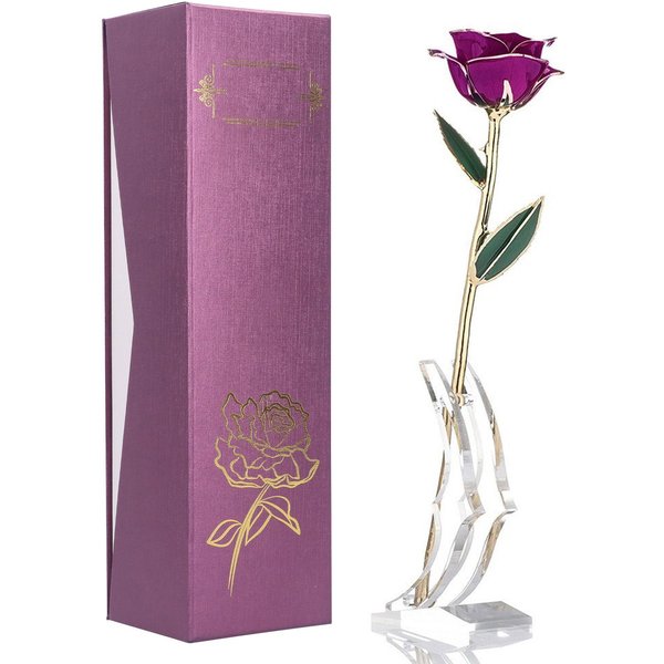 Rosa PúRpura Real BañAda En Oro De 24K Flor Preservada Regalos Con Soporte Para DíA De San ValentíN Aniversario Pink-image