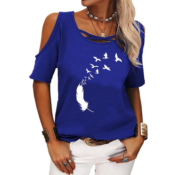 Moda Damska Top Z Odkrytymi Ramionami Casual O Neck Letnia Koszulka Z Nadrukiem LuźNa Koszulka Z KróTkim RęKawem M-image